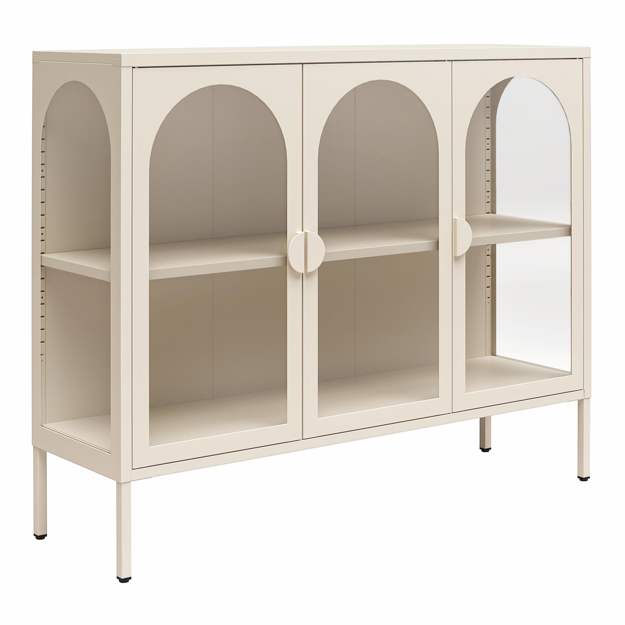 CosmoLiving Chloe Metal Accent Cabinet With 3 Arched Glass Doors - Parchment - 3 Door