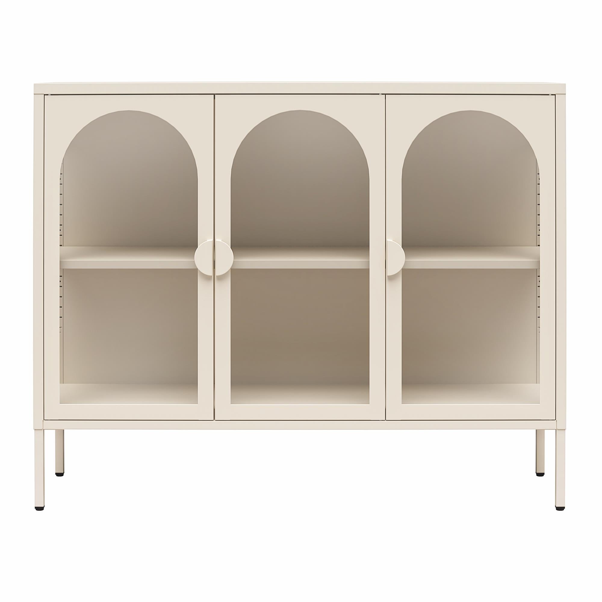 CosmoLiving Chloe Metal Accent Cabinet With 3 Arched Glass Doors - Parchment - 3 Door