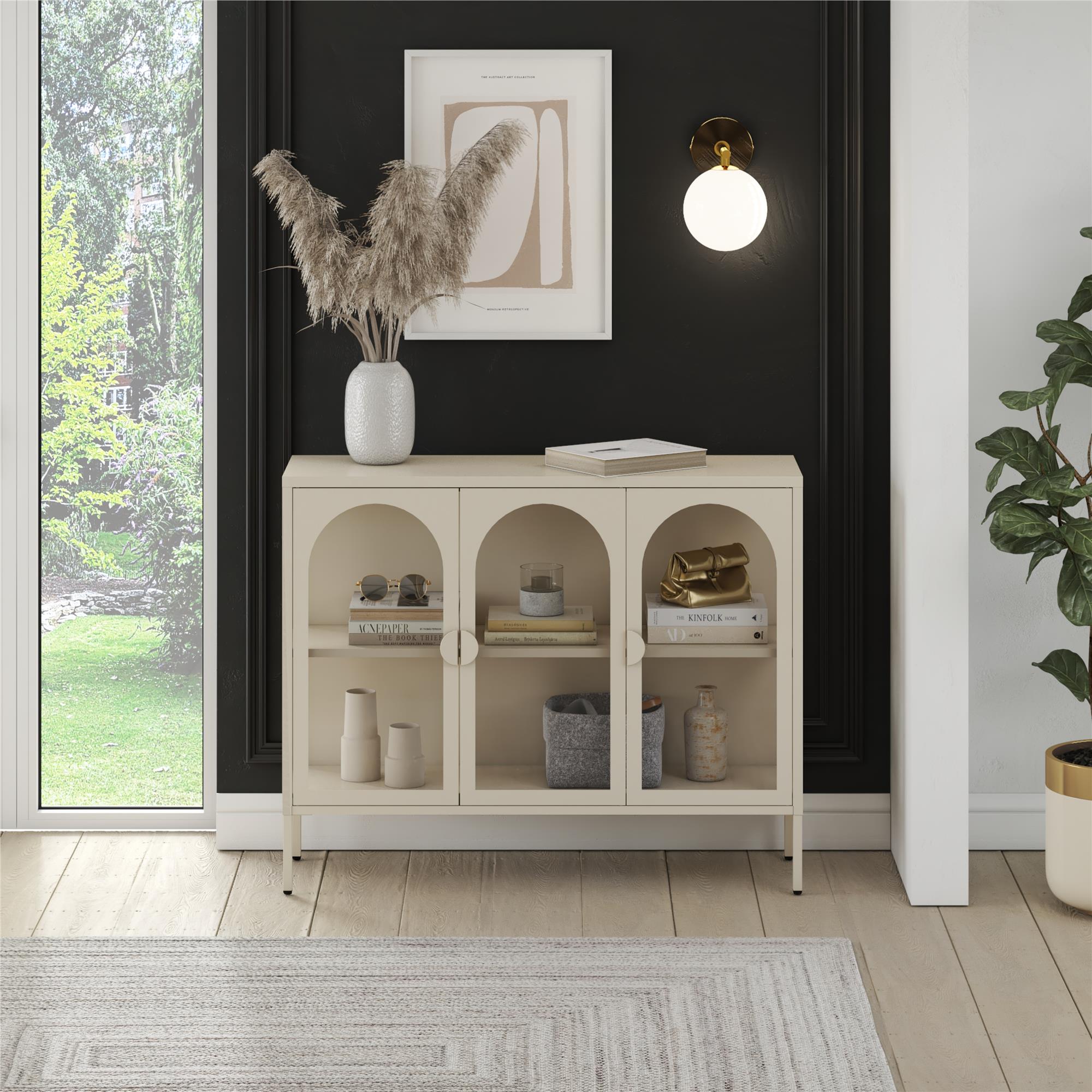 CosmoLiving Chloe Metal Accent Cabinet With 3 Arched Glass Doors - Parchment - 3 Door