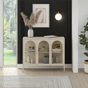 CosmoLiving Chloe Metal Accent Cabinet With 3 Arched Glass Doors - Parchment - 3 Door