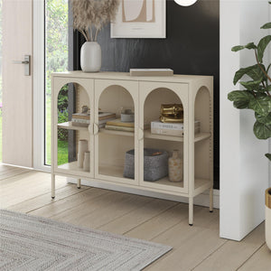 CosmoLiving Chloe Metal Accent Cabinet With 3 Arched Glass Doors - Parchment - 3 Door