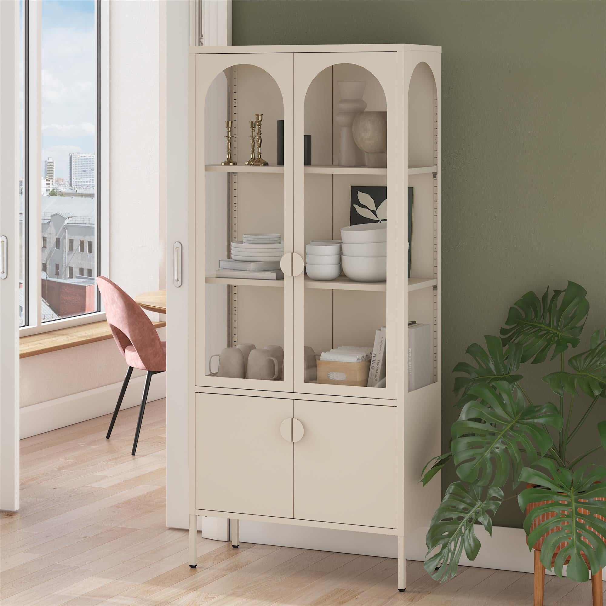CosmoLiving Chloe Tall Metal Display Cabinet with 2 Arched Glass Doors - Parchment - Tall