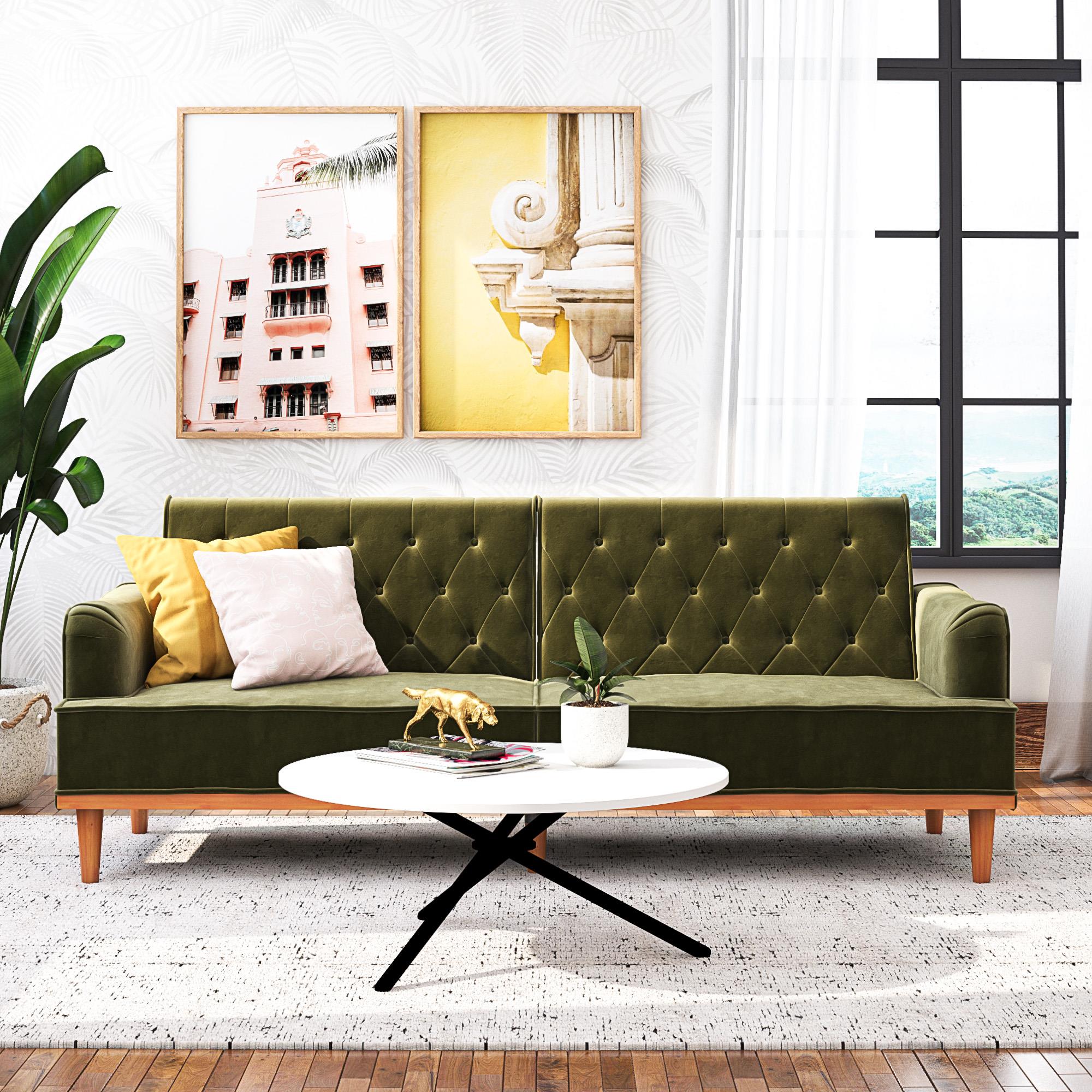 Mr. Kate Stella Vintage Futon Sofa Bed - Olive Green Velvet - 3-Seater