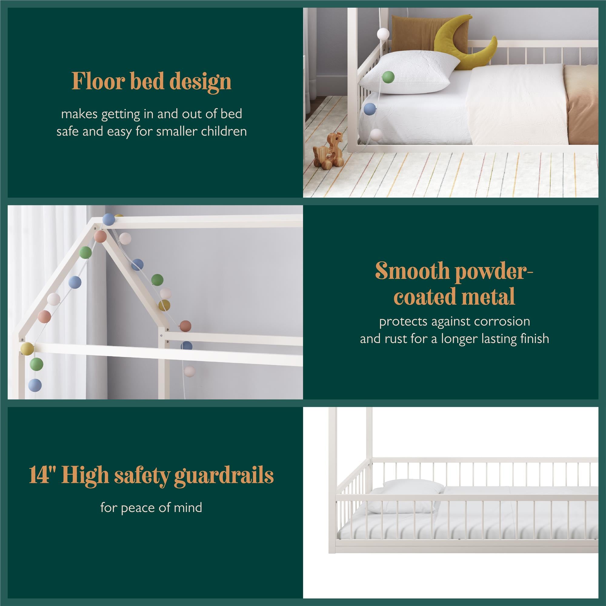Max & Finn Skyler Metal House Bed with Rail - Off White - Twin
