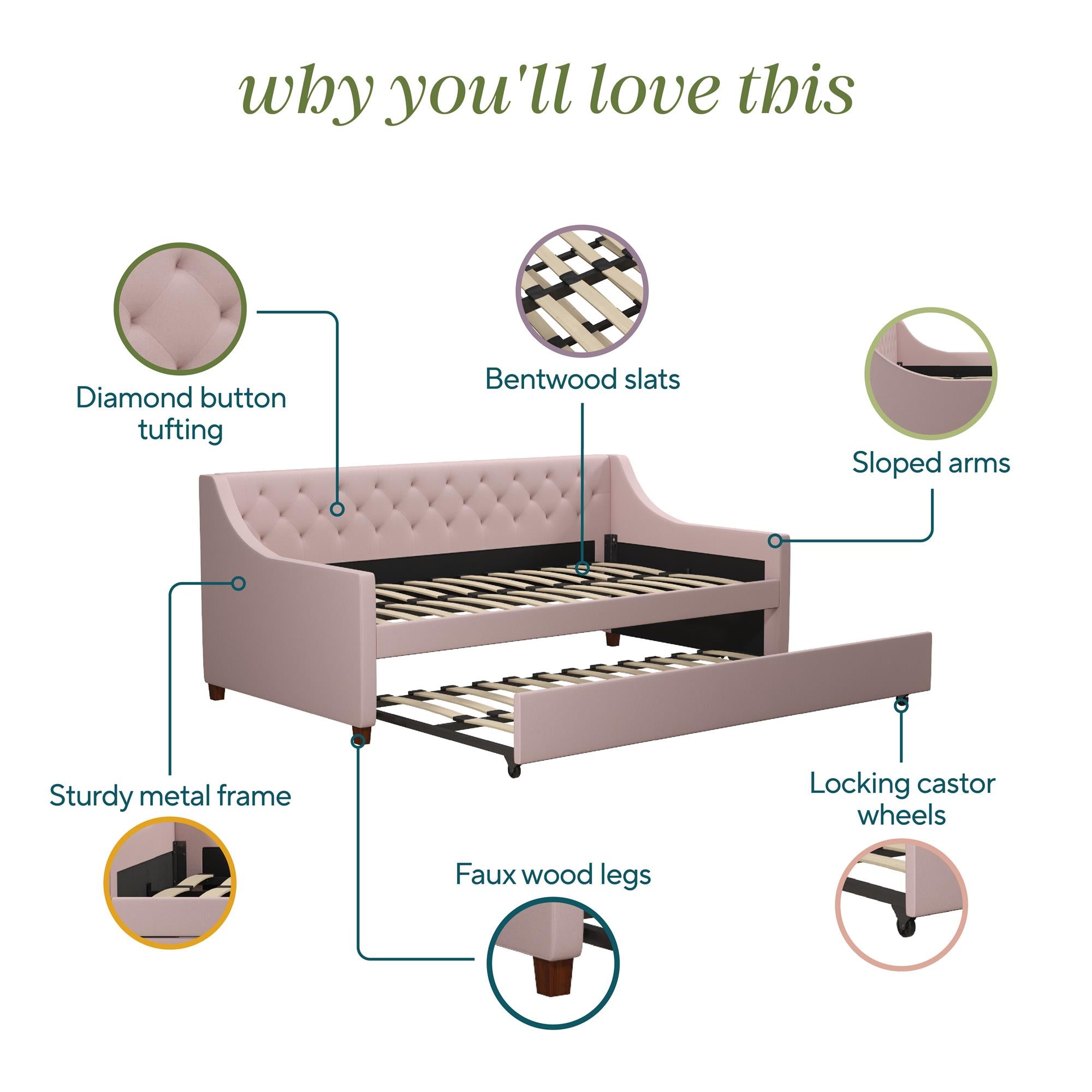 Novogratz Her Majesty Daybed and Trundle - Light Pink - Twin