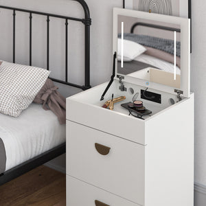 Ameriwood Home 3-in-1 Vanity Set, Makeup Storage Desk & Stool, Mirror w/ LED lights & USB Charging Station - White