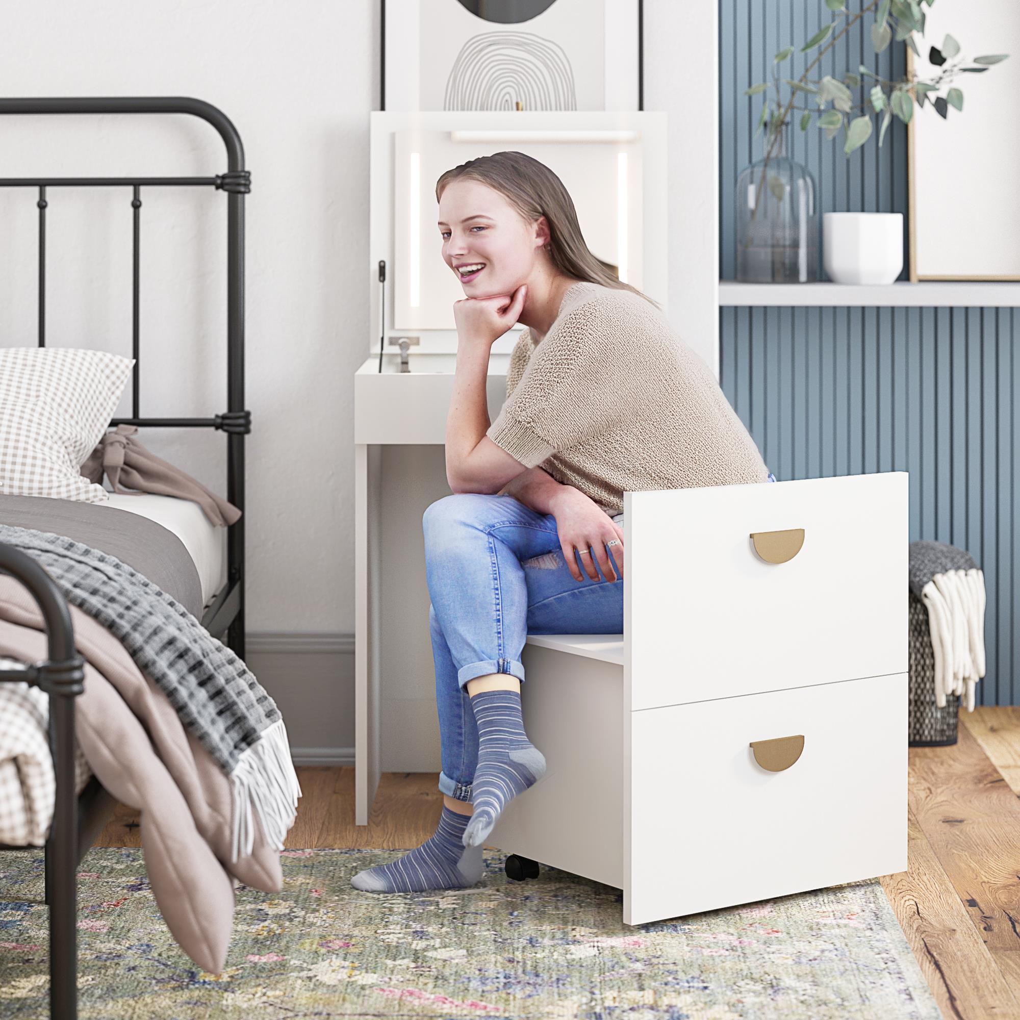 Ameriwood Home 3-in-1 Vanity Set, Makeup Storage Desk & Stool, Mirror w/ LED lights & USB Charging Station - White