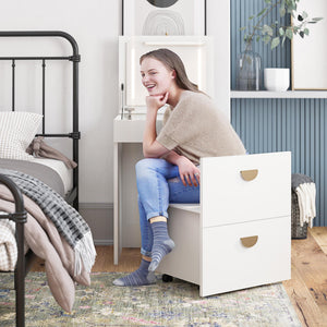 Ameriwood Home 3-in-1 Vanity Set, Makeup Storage Desk & Stool, Mirror w/ LED lights & USB Charging Station - White