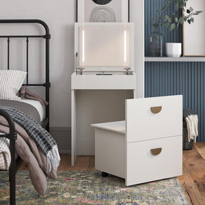 Ameriwood Home 3-in-1 Vanity Set, Makeup Storage Desk & Stool, Mirror w/ LED lights & USB Charging Station - White