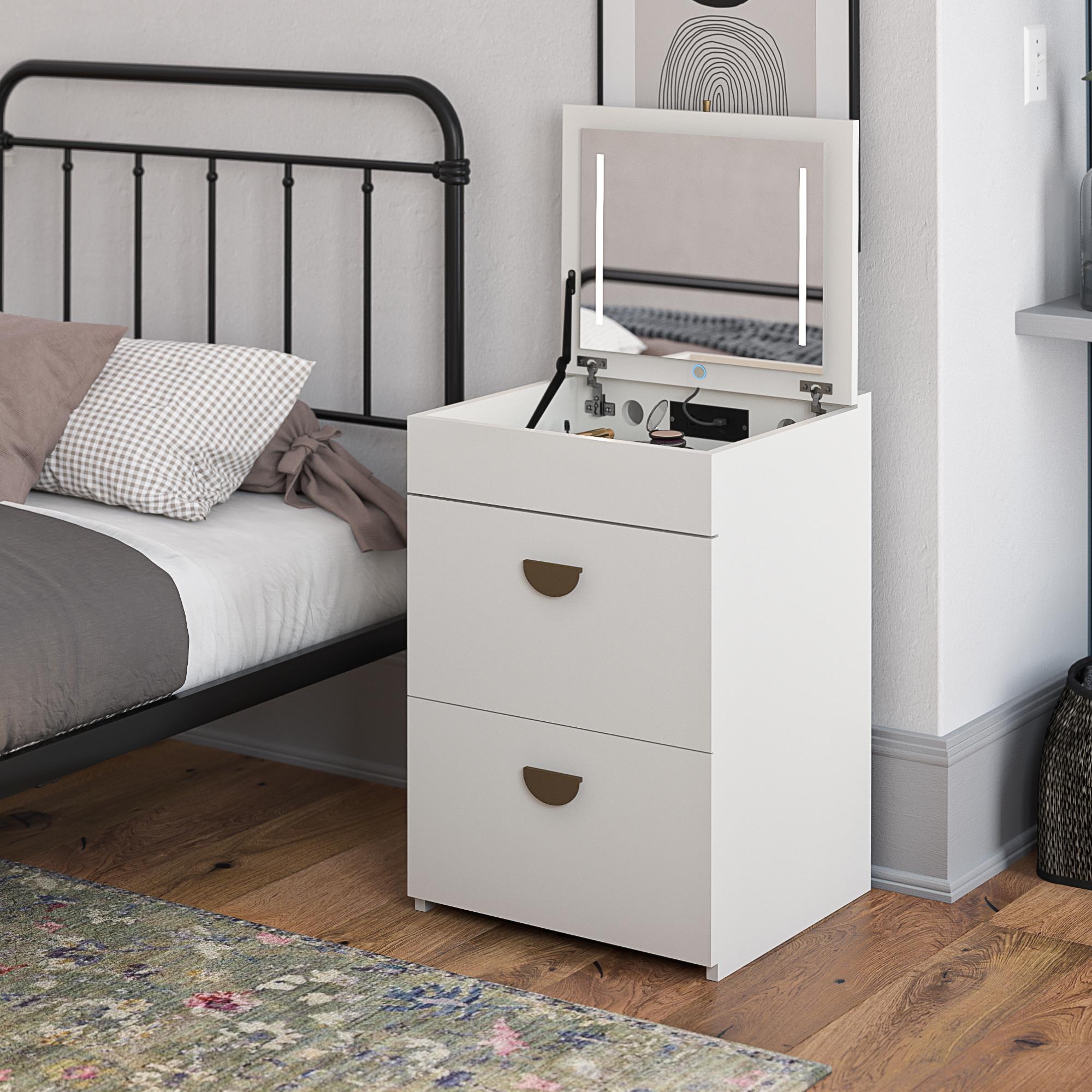 Ameriwood Home 3-in-1 Vanity Set, Makeup Storage Desk & Stool, Mirror w/ LED lights & USB Charging Station - White