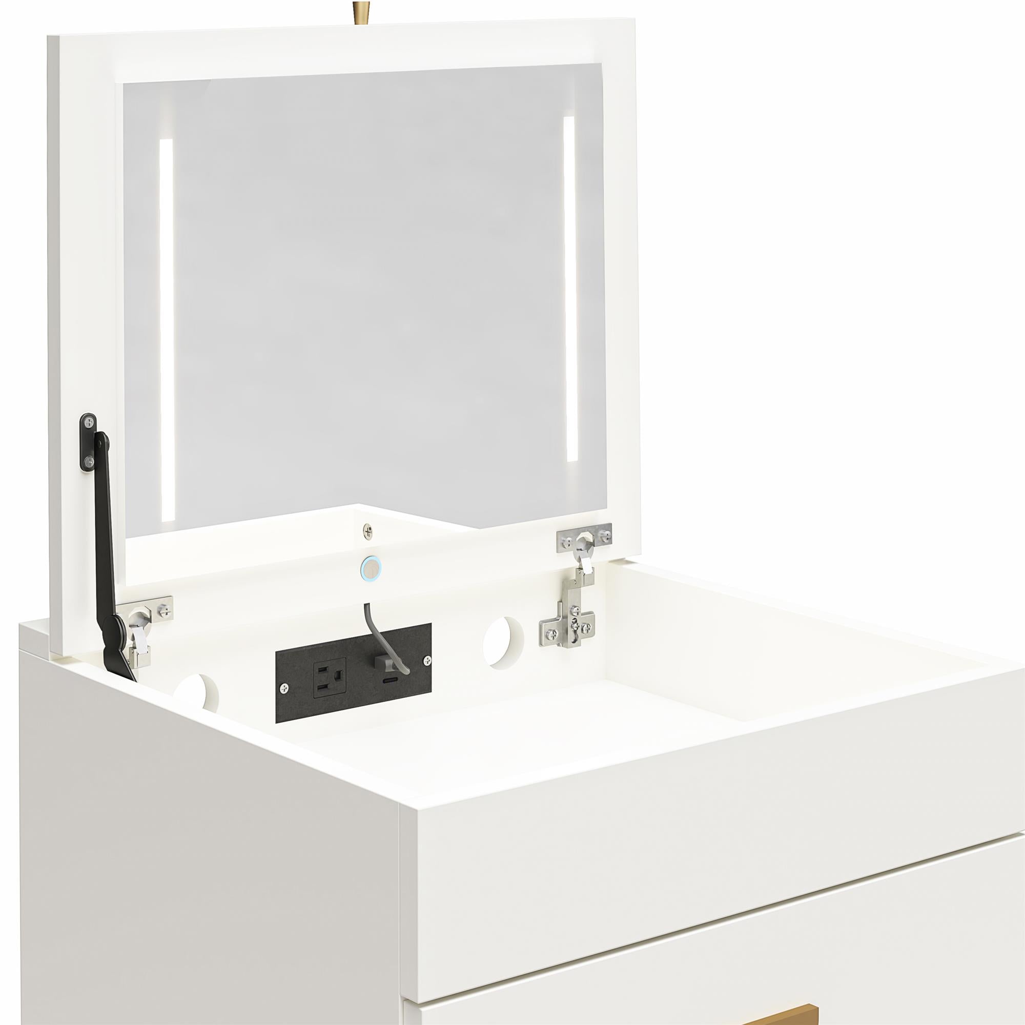 Ameriwood Home 3-in-1 Vanity Set, Makeup Storage Desk & Stool, Mirror w/ LED lights & USB Charging Station - White