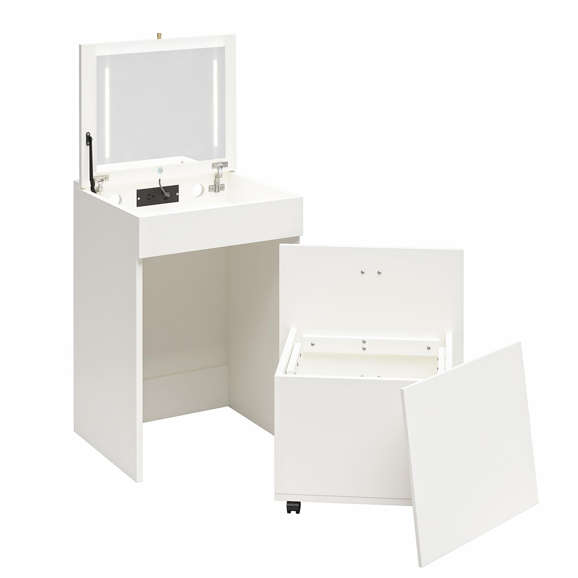 Ameriwood Home 3-in-1 Vanity Set, Makeup Storage Desk & Stool, Mirror w/ LED lights & USB Charging Station - White