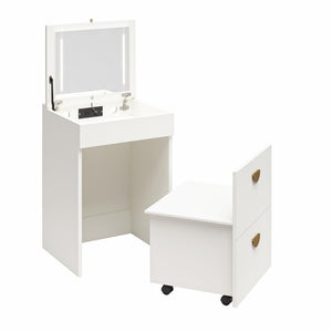 Ameriwood Home 3-in-1 Vanity Set, Makeup Storage Desk & Stool, Mirror w/ LED lights & USB Charging Station - White