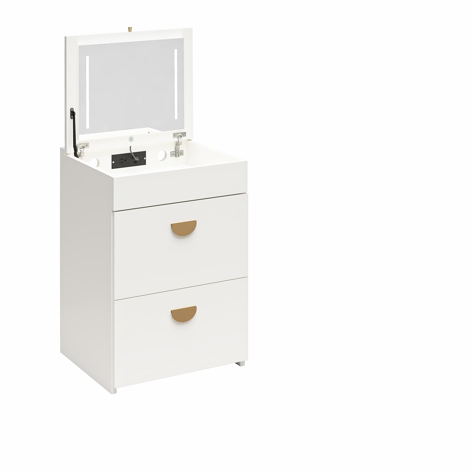 Ameriwood Home 3-in-1 Vanity Set, Makeup Storage Desk & Stool, Mirror w/ LED lights & USB Charging Station - White