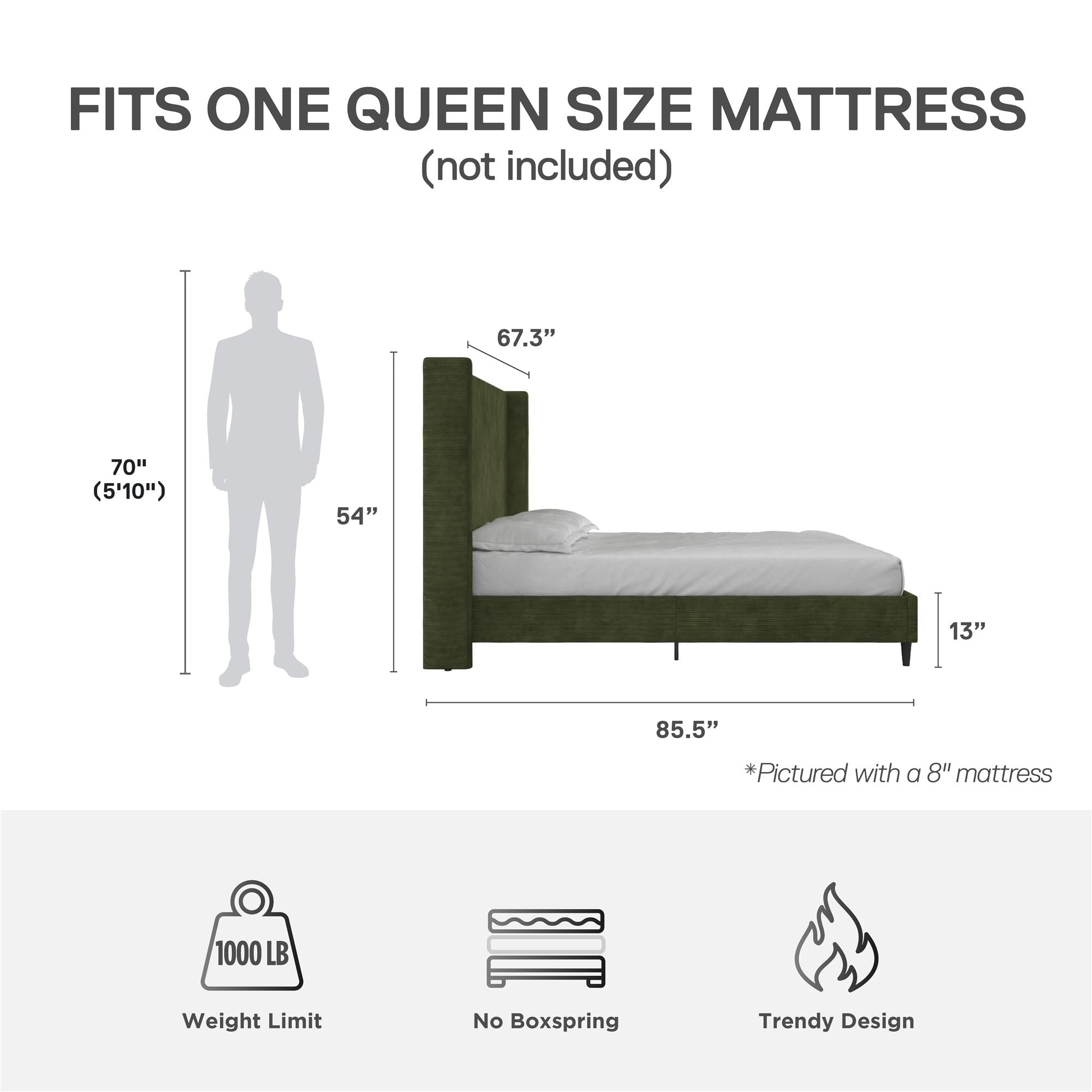 DHP Eveline Upholstered Wingback Bed - Soft Woven Green - Queen