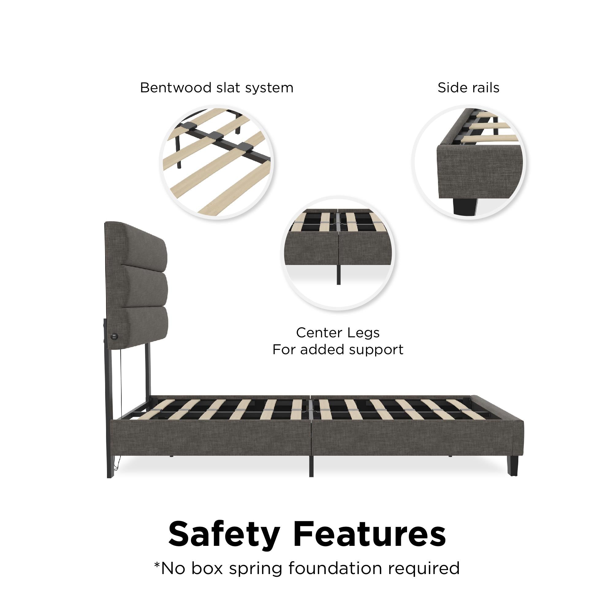 RealRooms Paloma Upholstered Bed with USB - Dark Gray - Twin