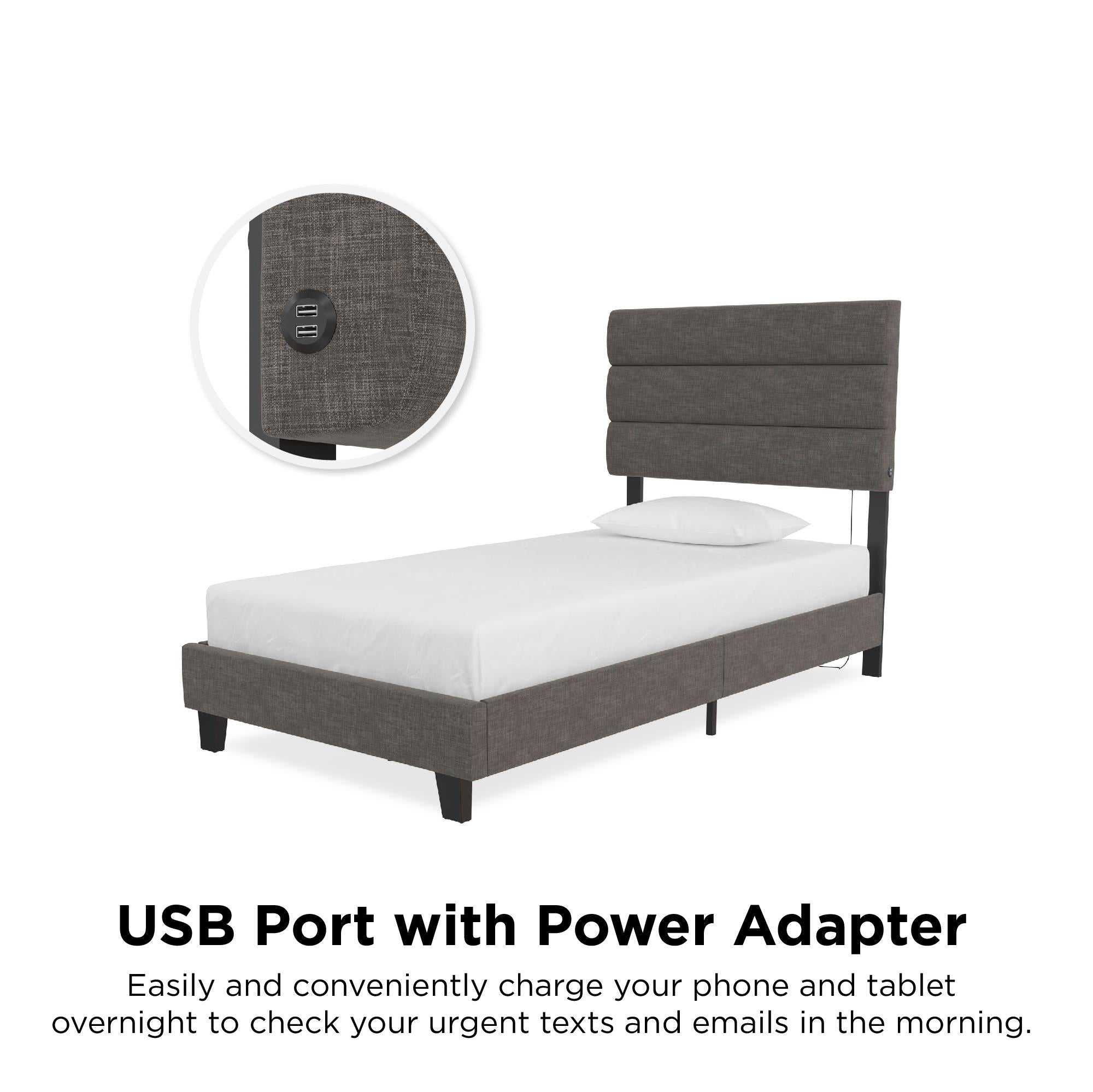 RealRooms Paloma Upholstered Bed with USB - Dark Gray - Twin