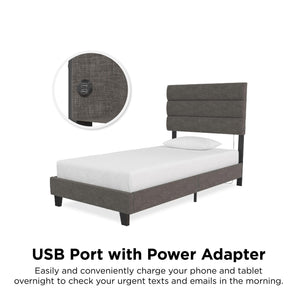 RealRooms Paloma Upholstered Bed with USB - Dark Gray - Twin