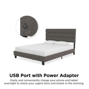 RealRooms Paloma Upholstered Bed with USB - Dark Gray - Full