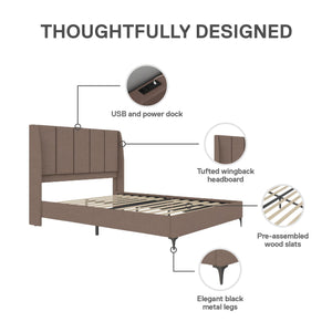 DHP Lamora Upholstered Wingback Bed Frame with USB - Taupe - Queen