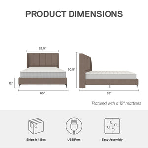DHP Lamora Upholstered Wingback Bed Frame with USB - Taupe - Queen