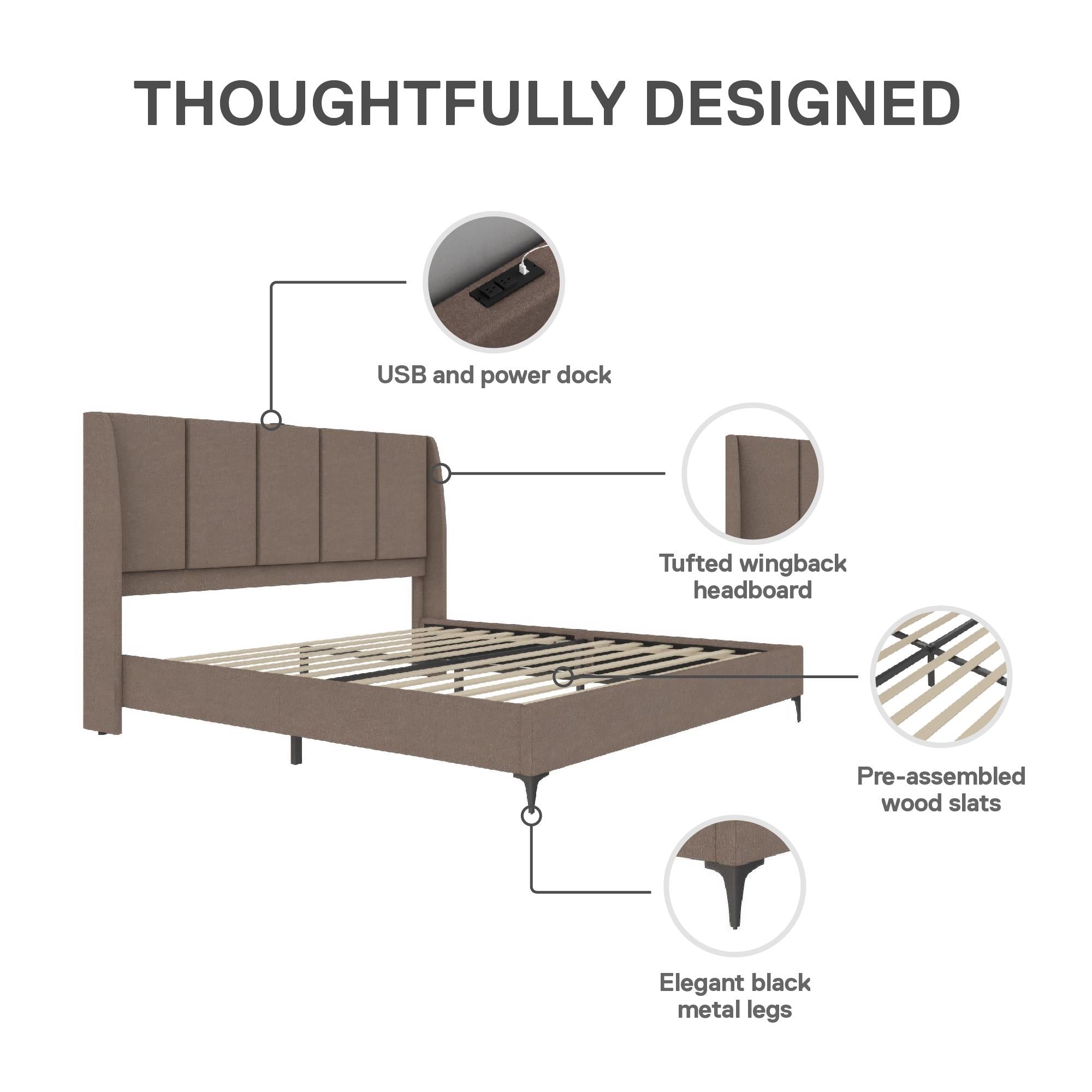 DHP Lamora Upholstered Wingback Bed Frame with USB - Taupe - King
