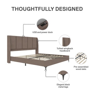 DHP Lamora Upholstered Wingback Bed Frame with USB - Taupe - King