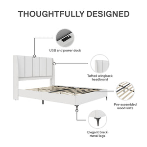DHP Lamora Upholstered Wingback Bed Frame with USB - Light Gray - Queen