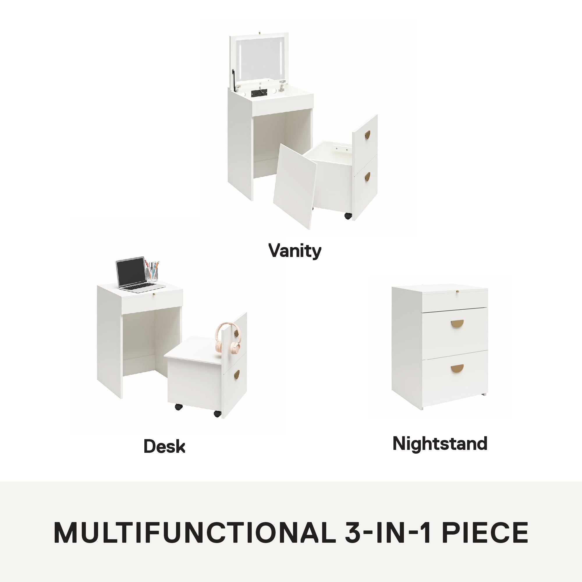Ameriwood Home 3-in-1 Vanity Set, Makeup Storage Desk & Stool, Mirror w/ LED lights & USB Charging Station - White