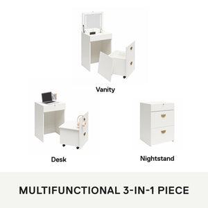 Ameriwood Home 3-in-1 Vanity Set, Makeup Storage Desk & Stool, Mirror w/ LED lights & USB Charging Station - White