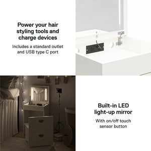 Ameriwood Home 3-in-1 Vanity Set, Makeup Storage Desk & Stool, Mirror w/ LED lights & USB Charging Station - White