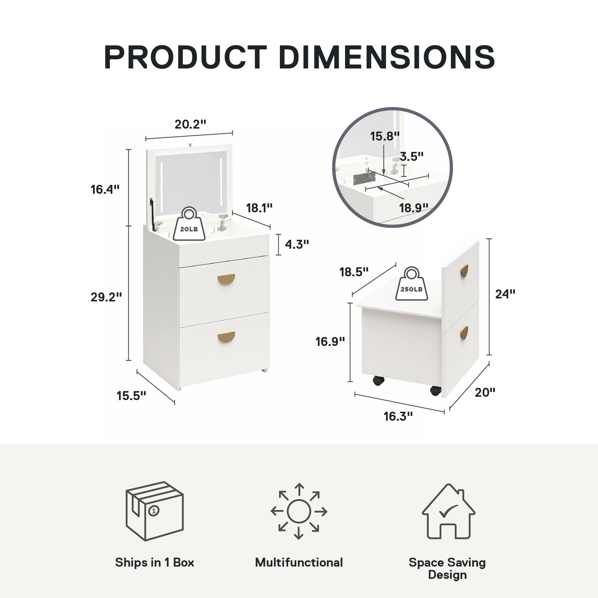 Ameriwood Home 3-in-1 Vanity Set, Makeup Storage Desk & Stool, Mirror w/ LED lights & USB Charging Station - White
