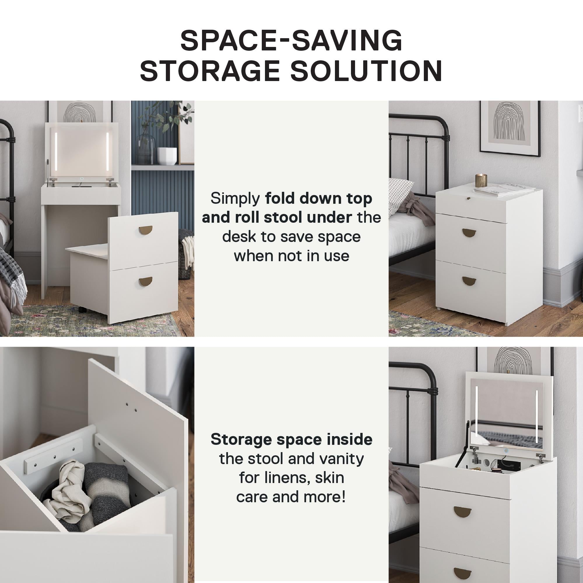 Ameriwood Home 3-in-1 Vanity Set, Makeup Storage Desk & Stool, Mirror w/ LED lights & USB Charging Station - White