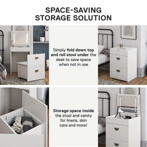 Ameriwood Home 3-in-1 Vanity Set, Makeup Storage Desk & Stool, Mirror w/ LED lights & USB Charging Station - White
