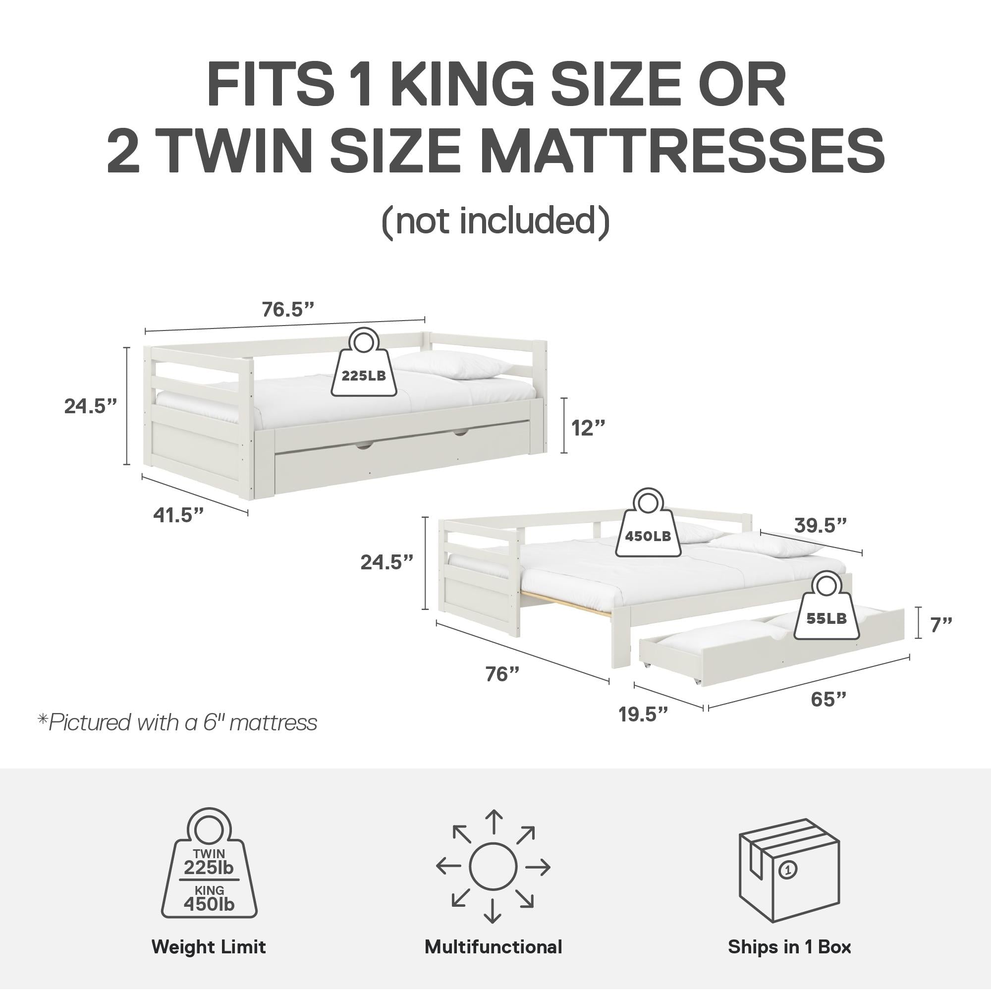 DHP Rhodes Twin to King Wood Daybed with Storage Drawer - White - Twin to King