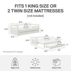 DHP Rhodes Twin to King Wood Daybed with Storage Drawer - White - Twin to King