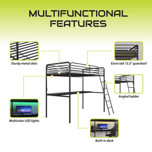 NTense Contra Gaming Loft Bed with Desk and LED Lights - Black - Twin