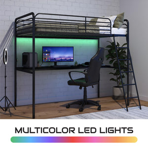 NTense Contra Gaming Loft Bed with Desk and LED Lights - Black - Twin