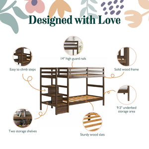 Max & Finn Zaire Wood Bunk Bed with Stairs and Shelves - Mocha Espresso - Twin-Over-Twin