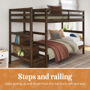 Max & Finn Zaire Wood Bunk Bed with Stairs and Shelves - Mocha Espresso - Twin-Over-Twin