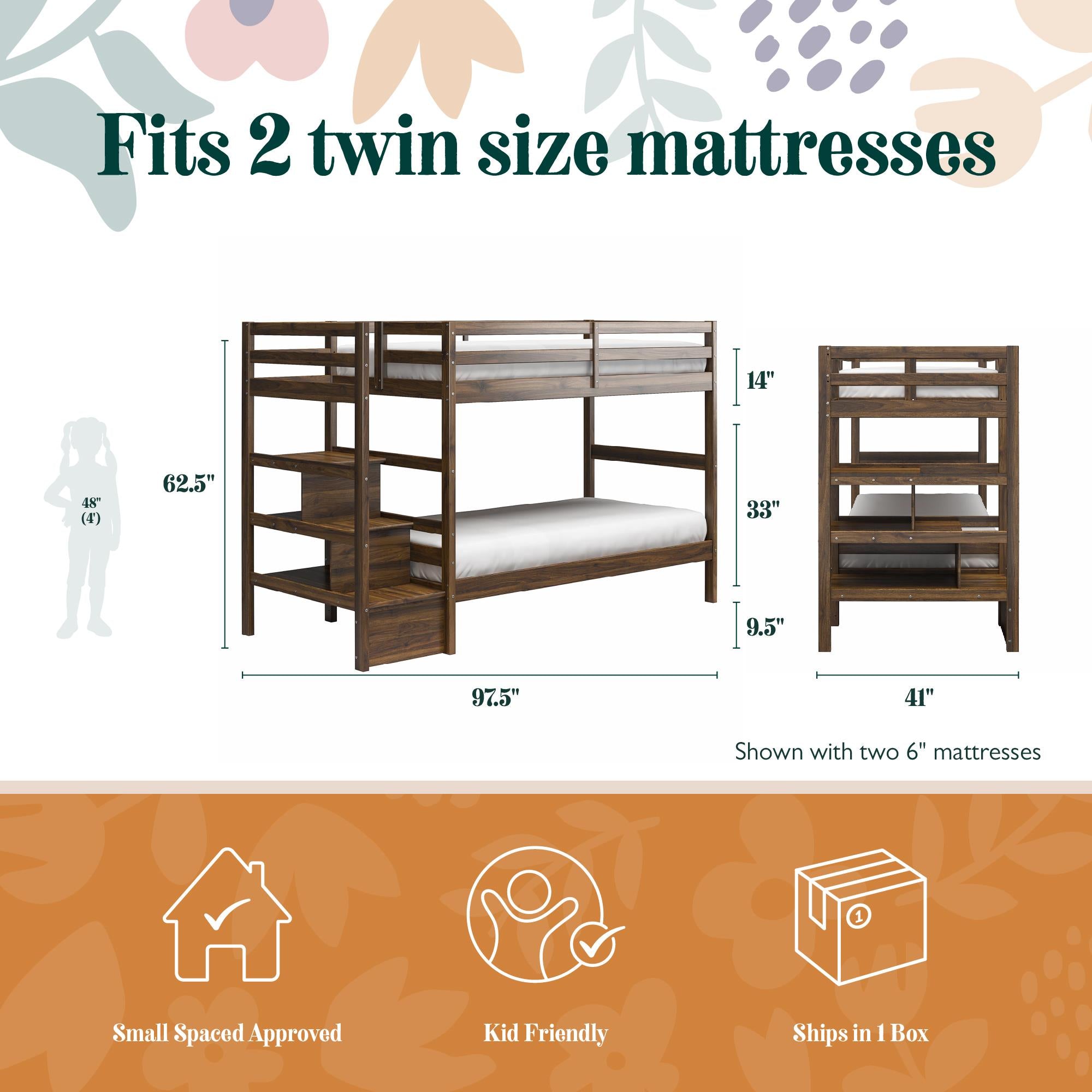 Max & Finn Zaire Wood Bunk Bed with Stairs and Shelves - Mocha Espresso - Twin-Over-Twin