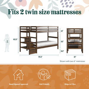 Max & Finn Zaire Wood Bunk Bed with Stairs and Shelves - Mocha Espresso - Twin-Over-Twin