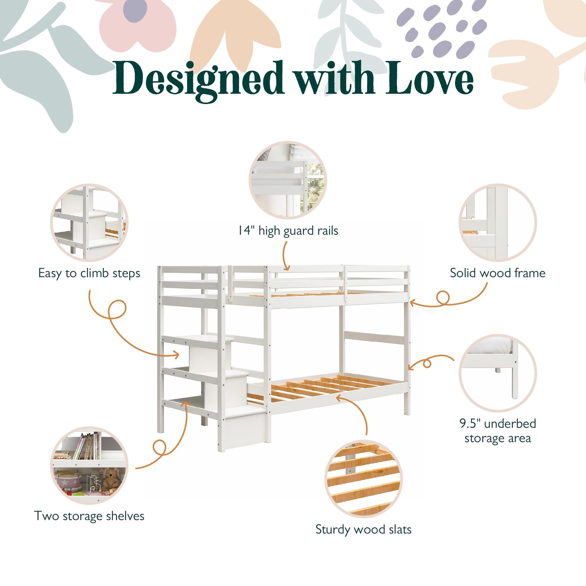 Max & Finn Zaire Wood Bunk Bed with Stairs and Shelves - White - Twin-Over-Twin