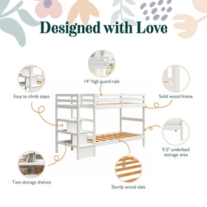 Max & Finn Zaire Wood Bunk Bed with Stairs and Shelves - White - Twin-Over-Twin