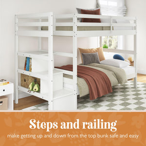 Max & Finn Zaire Wood Bunk Bed with Stairs and Shelves - White - Twin-Over-Twin