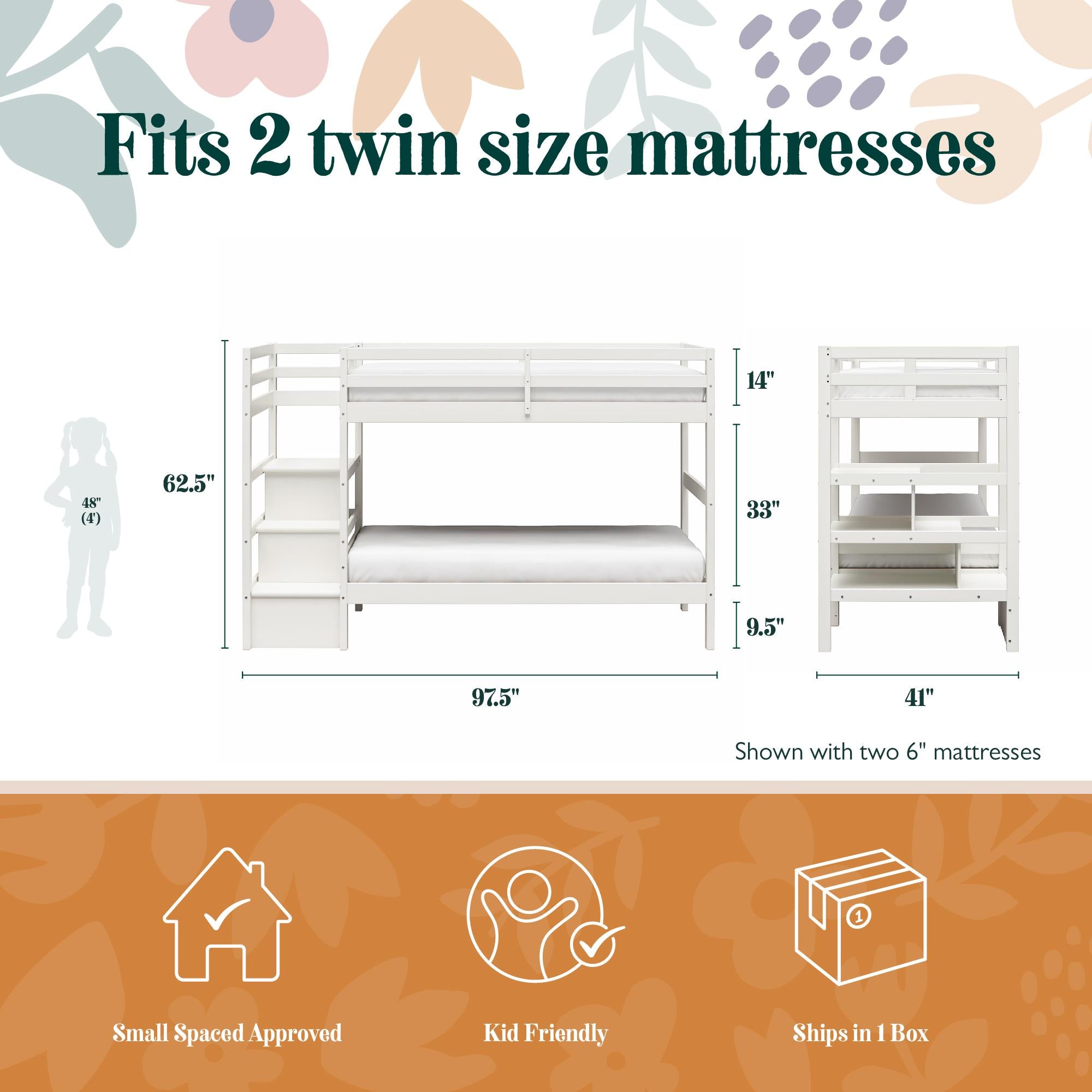 Max & Finn Zaire Wood Bunk Bed with Stairs and Shelves - White - Twin-Over-Twin