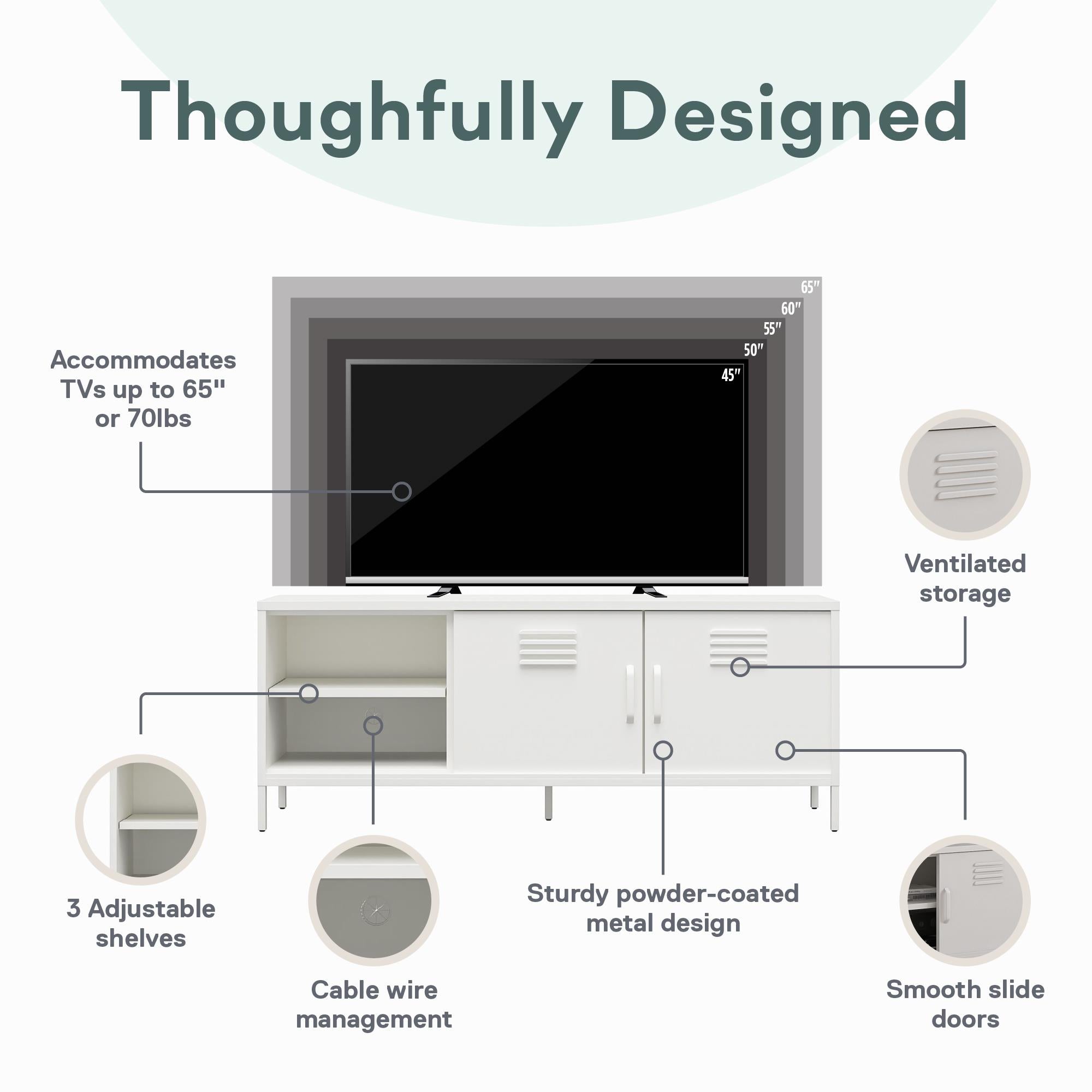 RealRooms Mission District Metal Locker-Style TV Stand for TVs up to 65" - White