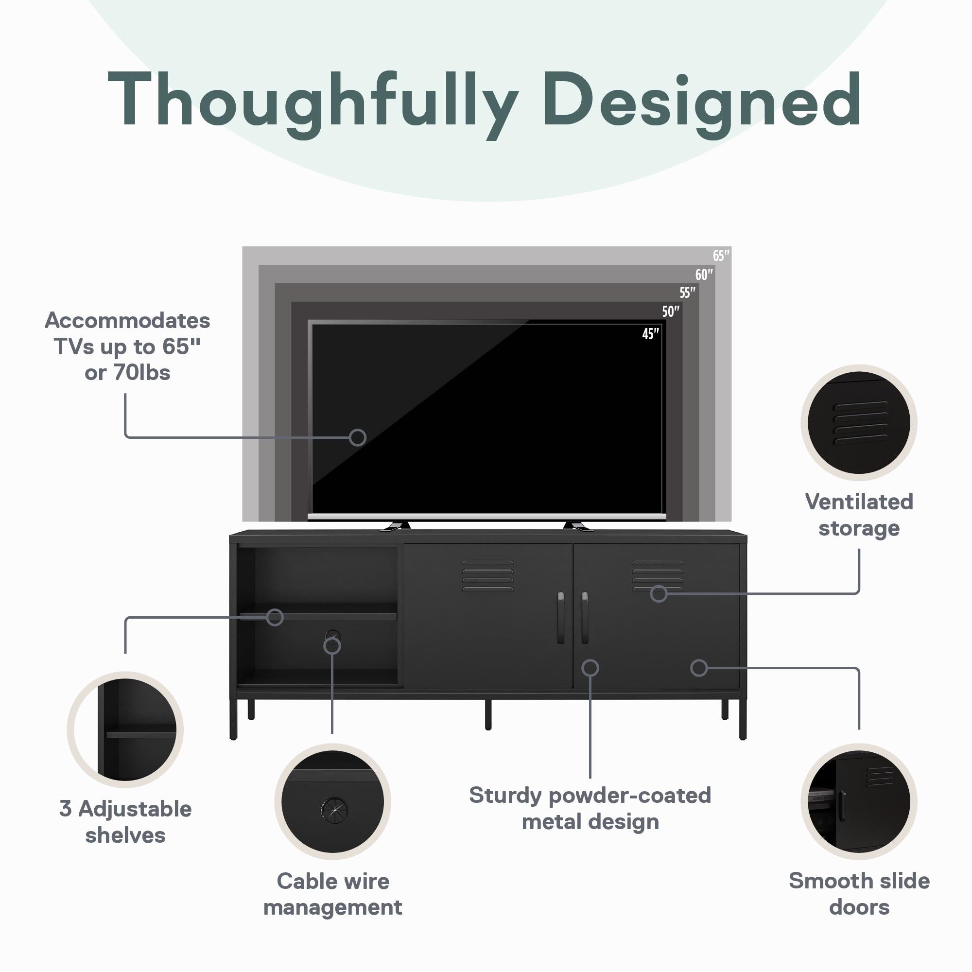 RealRooms Mission District Metal Locker-Style TV Stand for TVs up to 65" - Black