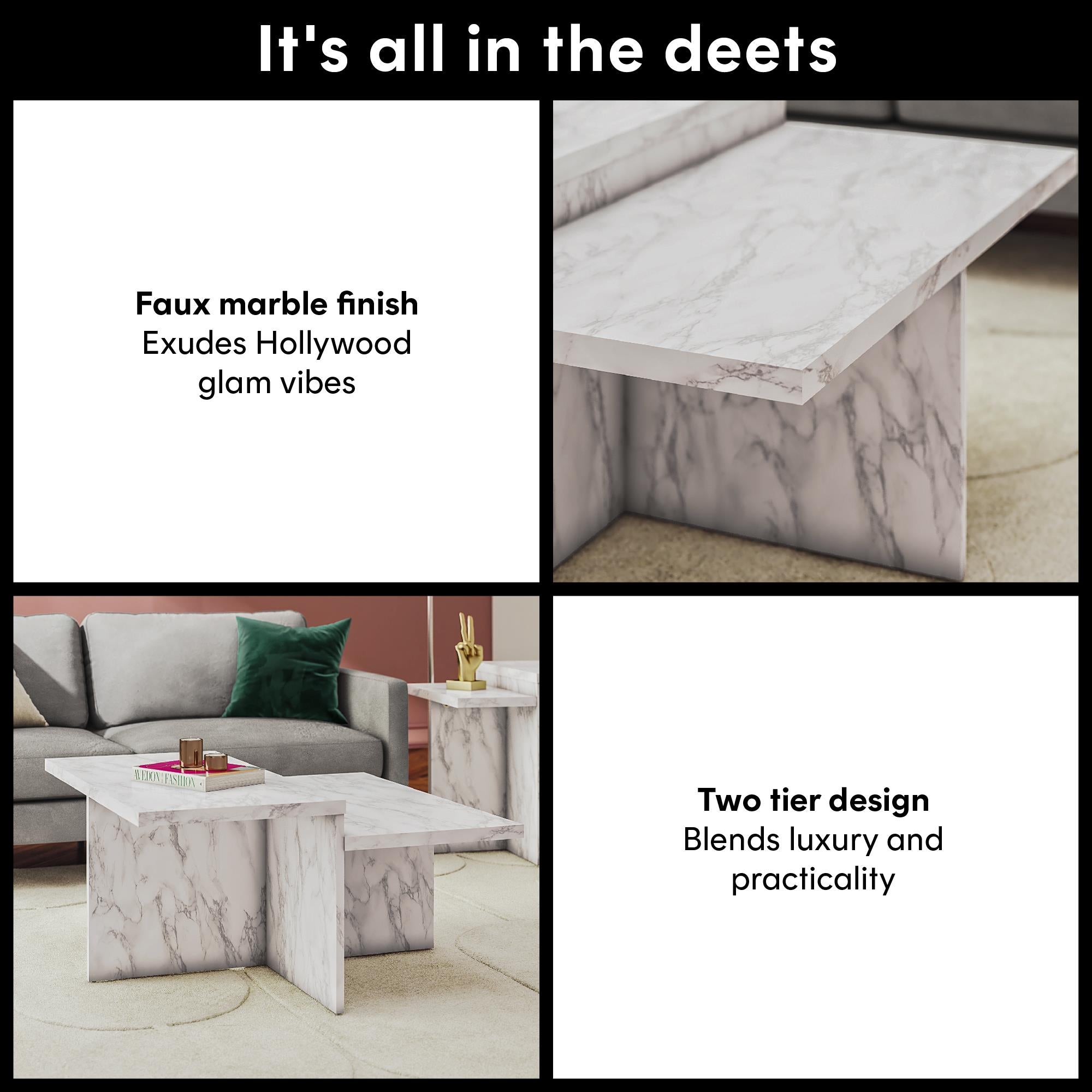 CosmoLiving Brielle Two-Tiered Coffee Table - White marble