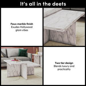 CosmoLiving Brielle Two-Tiered Coffee Table - White marble